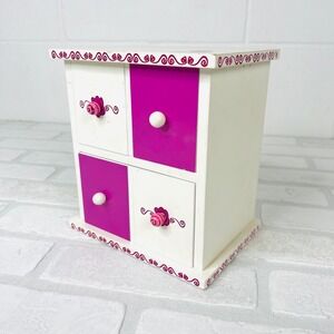 Vintage 2000 Barbie Wooden Jewelry Box 4 Drawer Chest White Pink Rose Motif